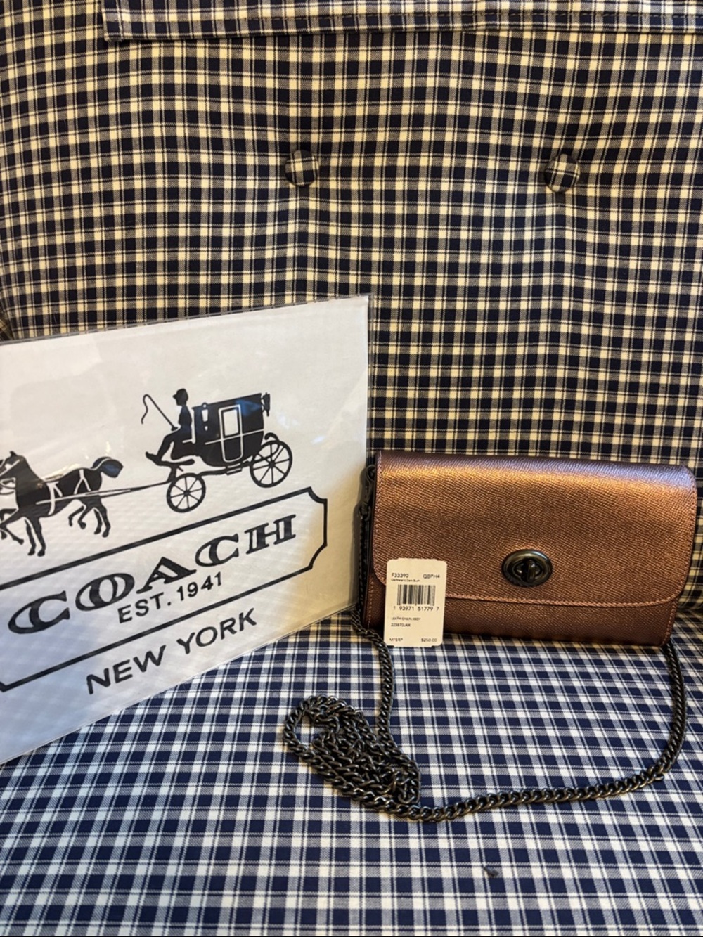 Coach Metallic Bronze Turn-Lock Crossbody Wallet and gunmetal chain
